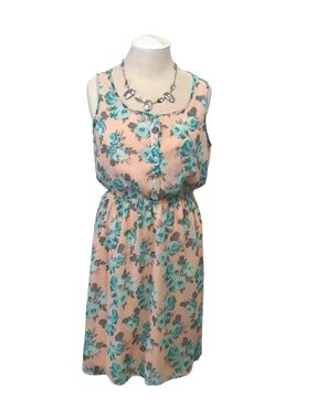 Peach Floral Sleeveless Open-Back Dress with Turquoise Roses